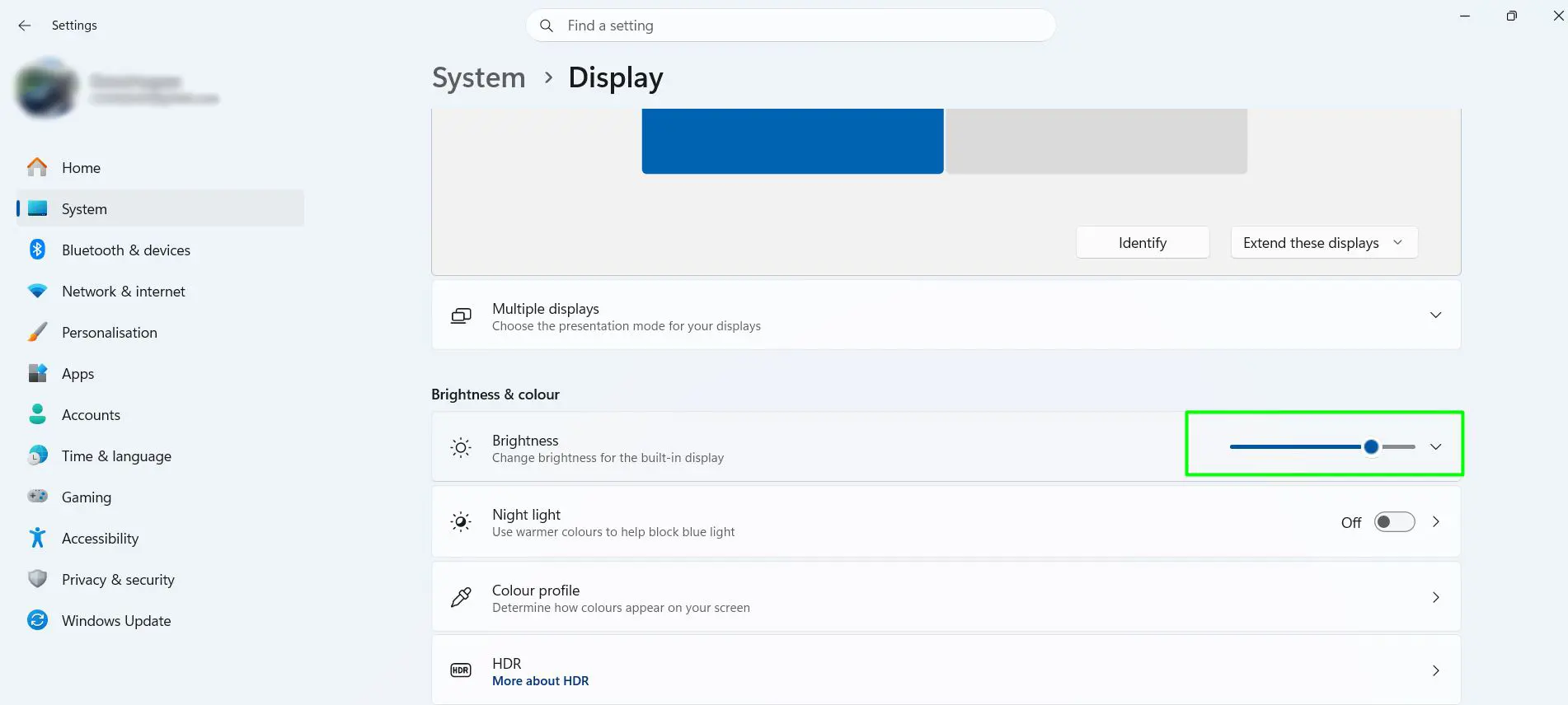 Adjust Display Brightness Settings using Windows Settings