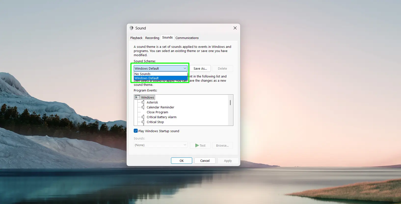 Reset System Sounds to Default in Windows 11