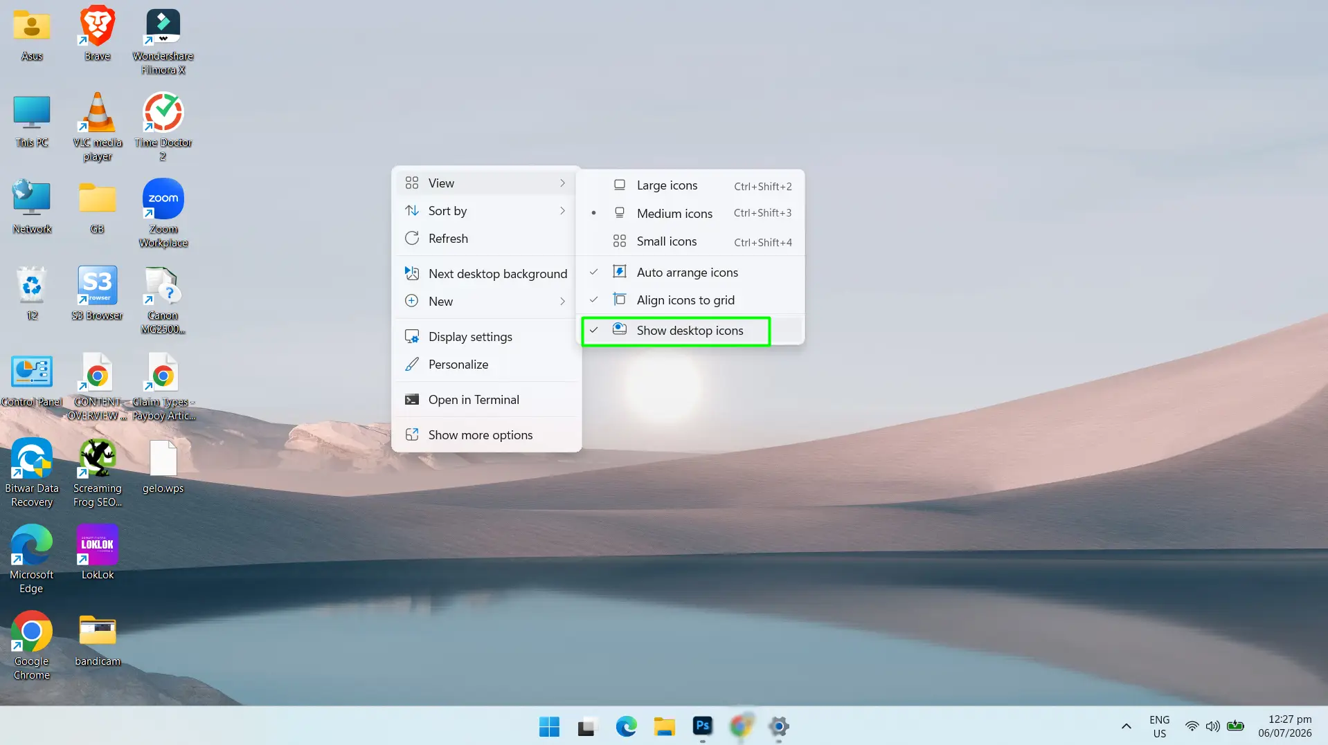 Turn On Desktop Icons With the Right-Click Menu