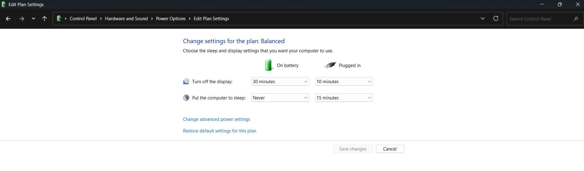 Change Power Plan Settings in Control Panel