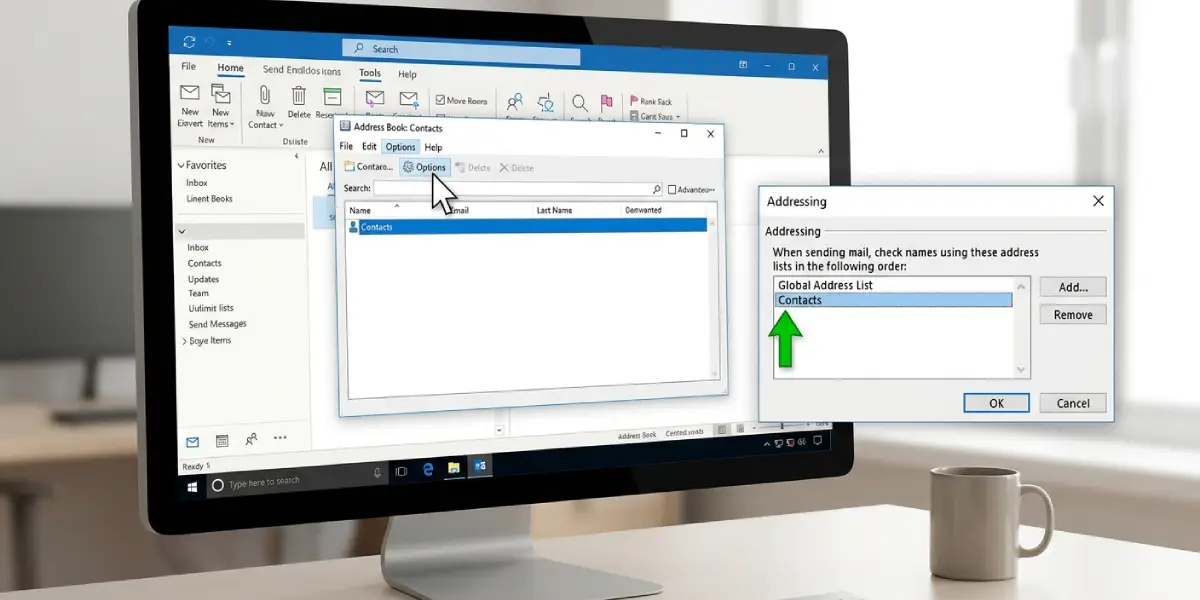 Clear the cache, enable the Contacts folder, and set the search order