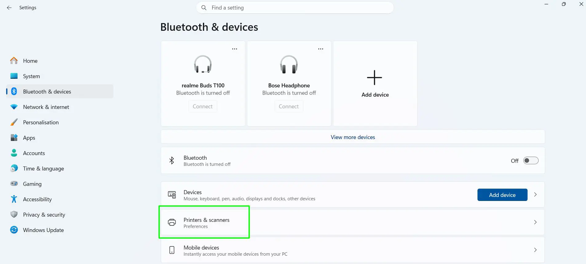 Click Bluetooth & devices, then Printers & scanners