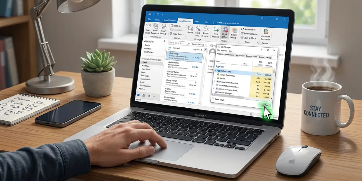 Confirm the device is online, then open Outlook and select the Send_Receive tab