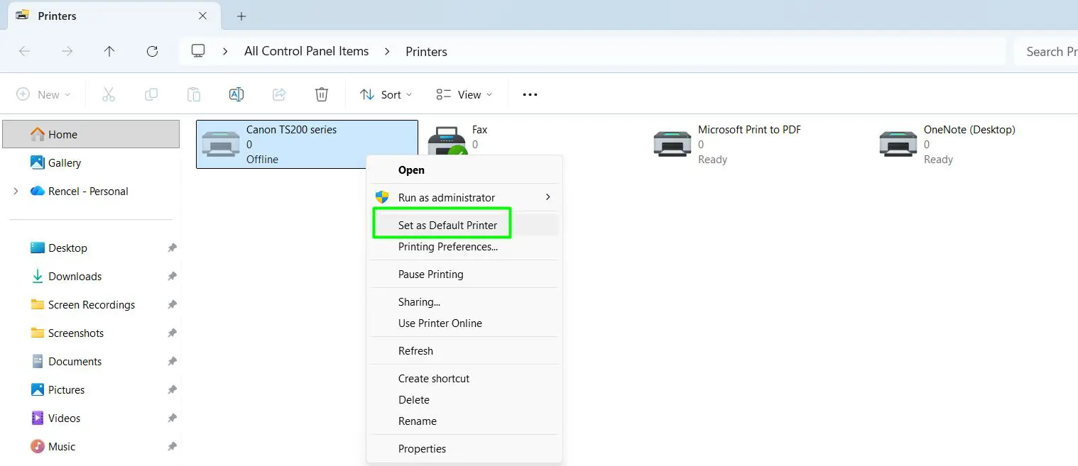 Right-click your printer and choose Set as default printer