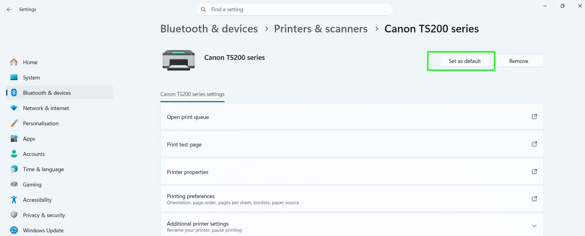 Scroll back up and click the printer you want then Click Set as default